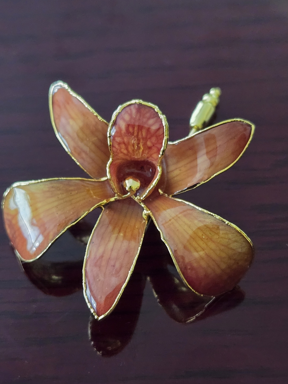 Gold-Edged Orchid Brooch in Peach-Pink Enamel